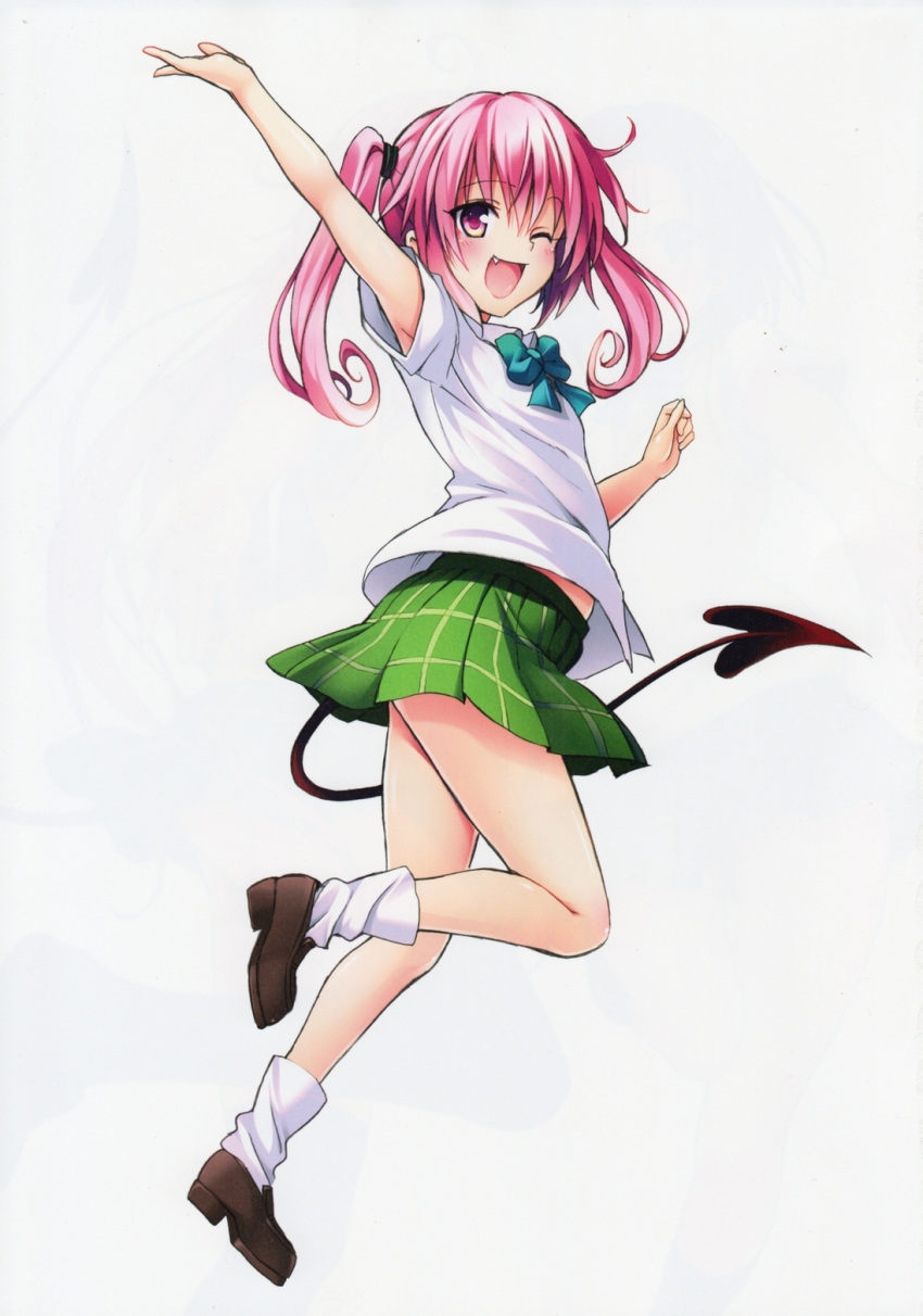 arm_up, fang, highres, long_hair, nana_asta_deviluke, official_art, pink_eyes, pink_hair