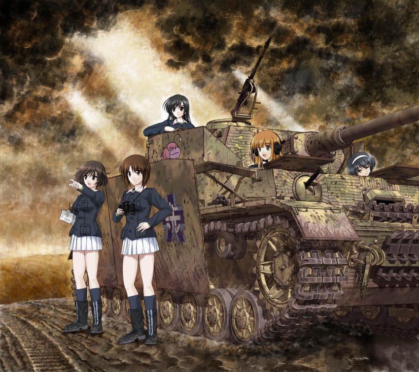 5girls, akiyama_yukari, binoculars, black_eyes, black_hair, boots, brown_eyes, brown_hair