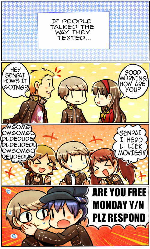 amagi_yukiko, artist_request, black_hair, blonde_hair, blue_hair, blush, brown_hair, cabbie_hat, grey_hair, hairband, hanamura_yousuke, hat, headphones, holding_face, jacket, kujikawa_rise, long_hair, narukami_yuu, persona, persona_4, school_uniform, shirogane_naoto, short_hair, smile, tatsumi_kanji, twintails