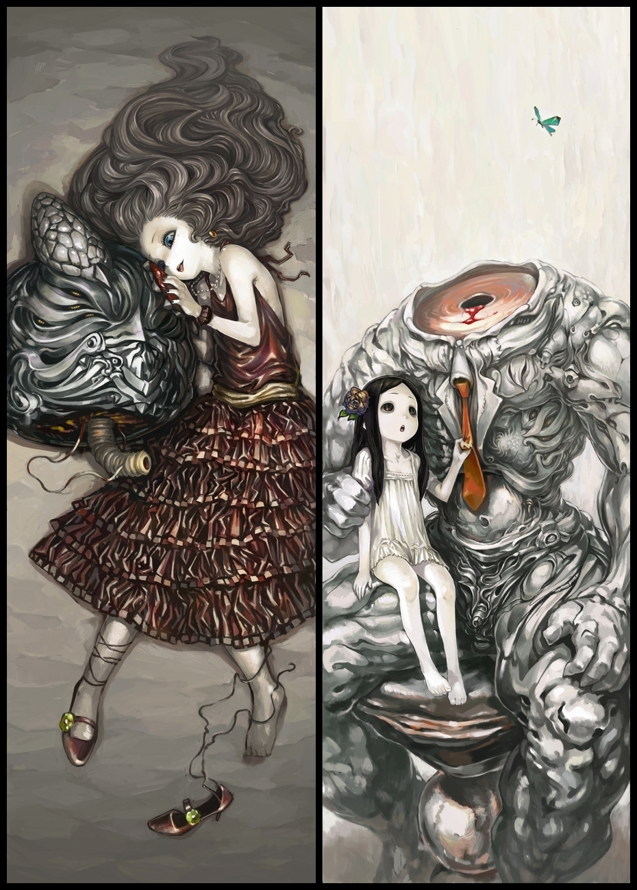 black_eyes, black_hair, blood, blue_eyes, bracelet, brown_hair, butterfly, dress