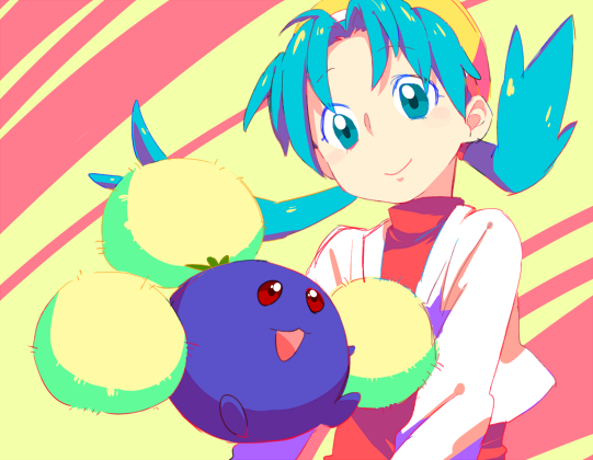 1girl, aqua_eyes, aqua_hair, crystal_(pokemon), hat, jumpluff, mmm73, pokemon