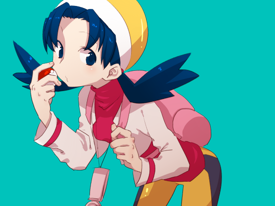 1girl, aqua_background, backpack, bag, bike_shorts, blue_eyes, blue_hair, crystal_(pokemon)
