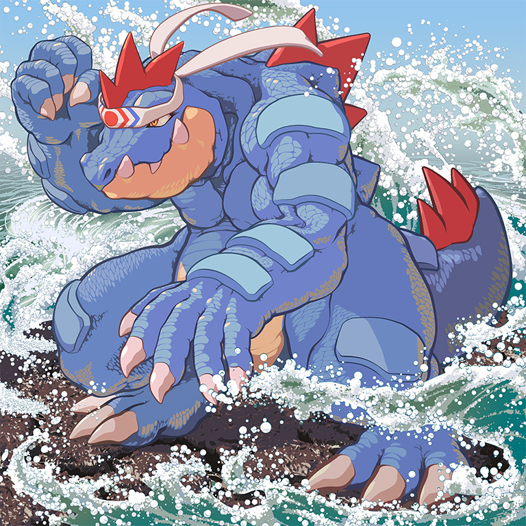claws, fangs, feraligatr, hachimaki, headband, masa_(bowser), no_humans, pokemon