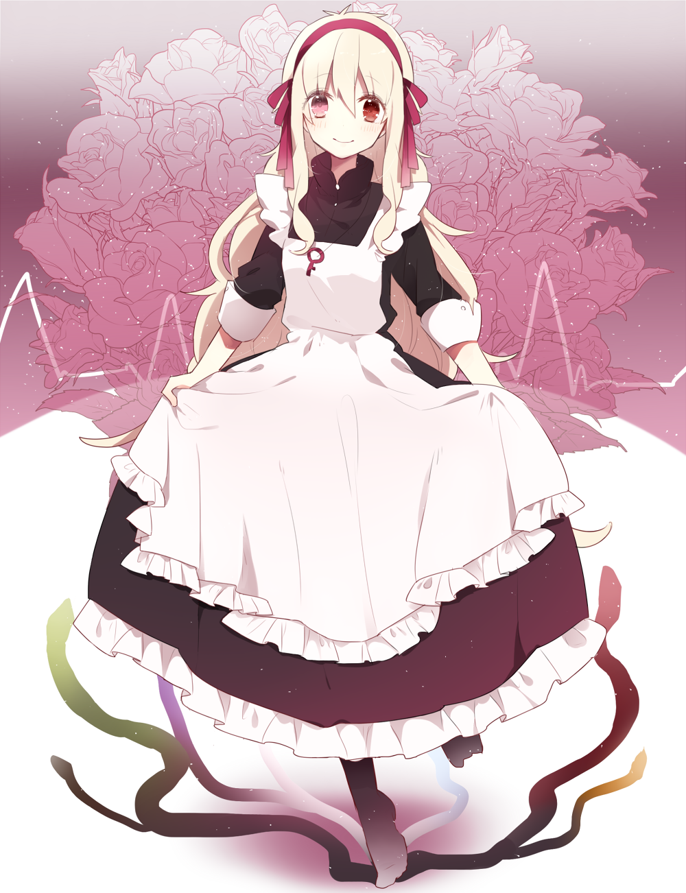 1girl, apron, blonde_hair, dress, heterochromia, highres, jewelry, kagerou_project