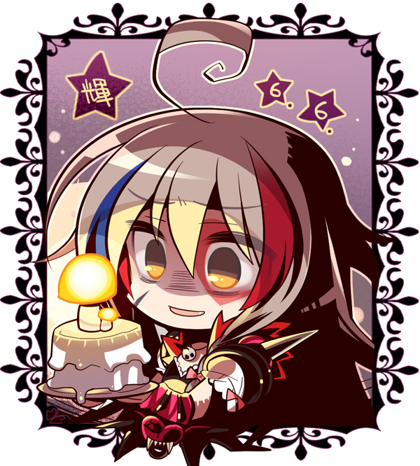 1girl, ahoge, blue_hair, fang, hoshi_shouko, idolmaster, idolmaster_cinderella_girls, long_hair, multicolored_hair, mushroom, open_mouth, redhead, silver_hair, solo, very_long_hair, wadaly, yellow_eyes