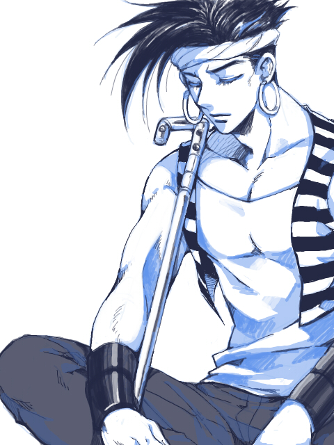 1boy, cane, closed_eyes, gedoooo, headband, jojo_no_kimyou_na_bouken, monochrome, n'dour