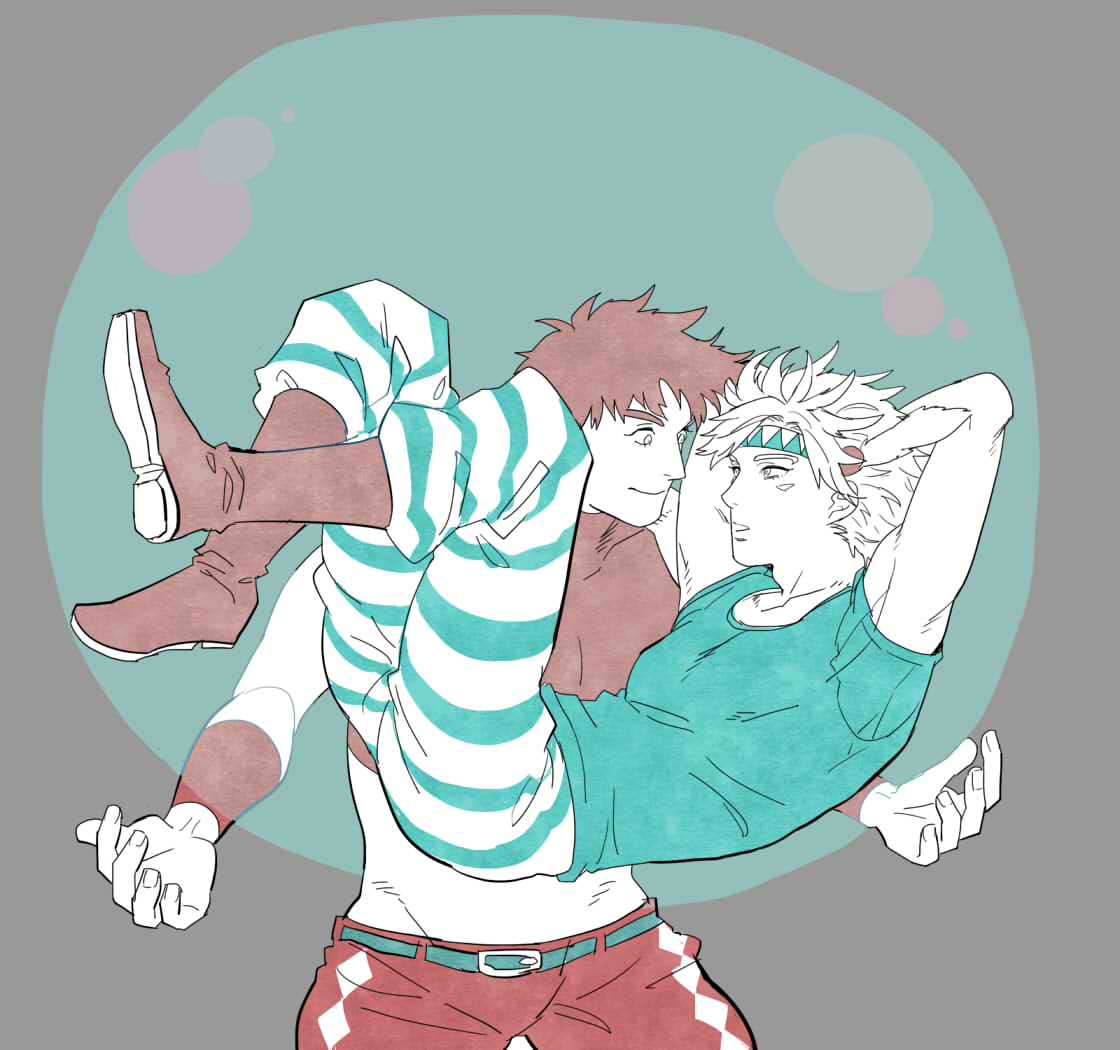 2boys, blonde_hair, boots, bubble, caesar_anthonio_zeppeli, crop_top, facial_mark, feathers