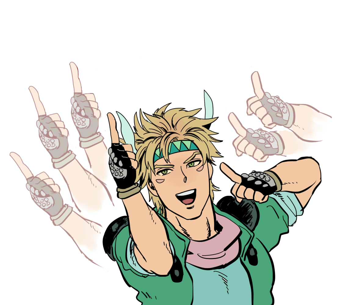 1boy, blonde_hair, caesar_anthonio_zeppeli, derivative_work, facial_mark, fingerless_gloves, gloves, green_eyes