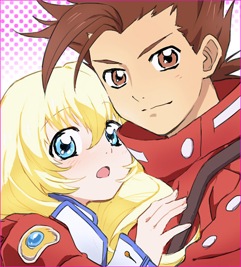 1boy, 1girl, blonde_hair, blue_eyes, brown_eyes, brown_hair, colette_brunel, lloyd_irving