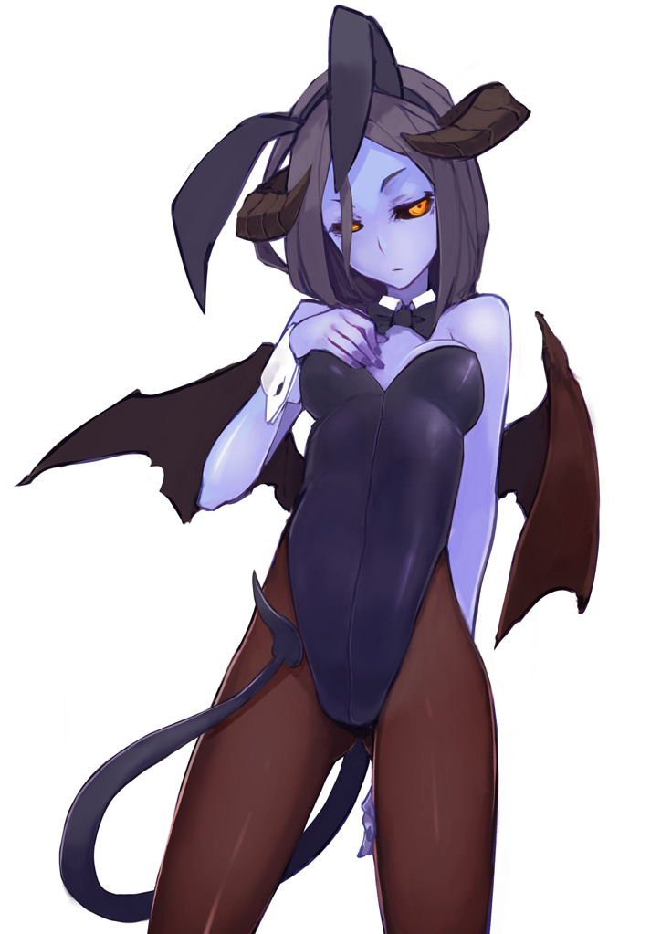1girl, animal_ears, bat_wings, black_hair, blue_skin, bowtie, bunnysuit, demon_girl