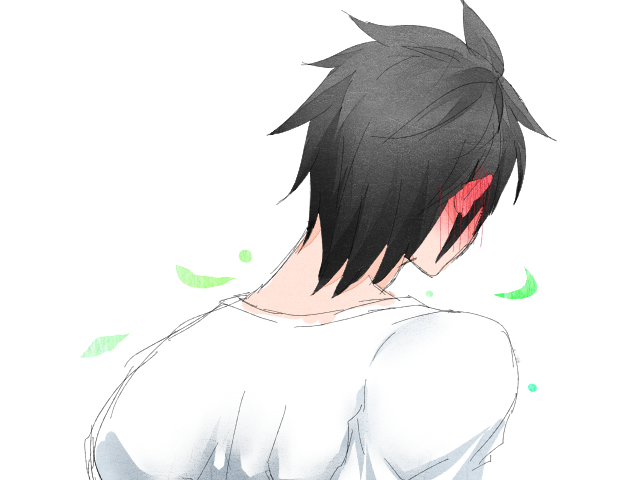 1boy, black_hair, blush, kuroneko_(44yen), l, petals, short_hair, yukkuri_youmu_to_hontou_wa_kowai_cthulhu_shinwa