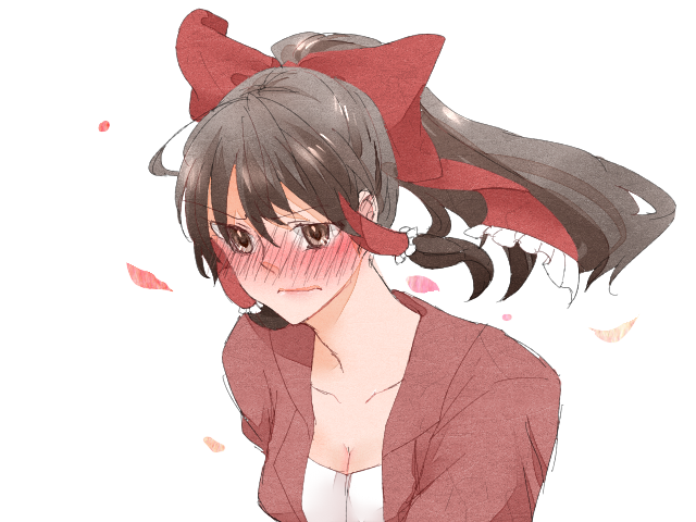 1girl, blush, brown_eyes, brown_hair, hair_ribbon, hakurei_reimu, kuroneko_(44yen), long_hair