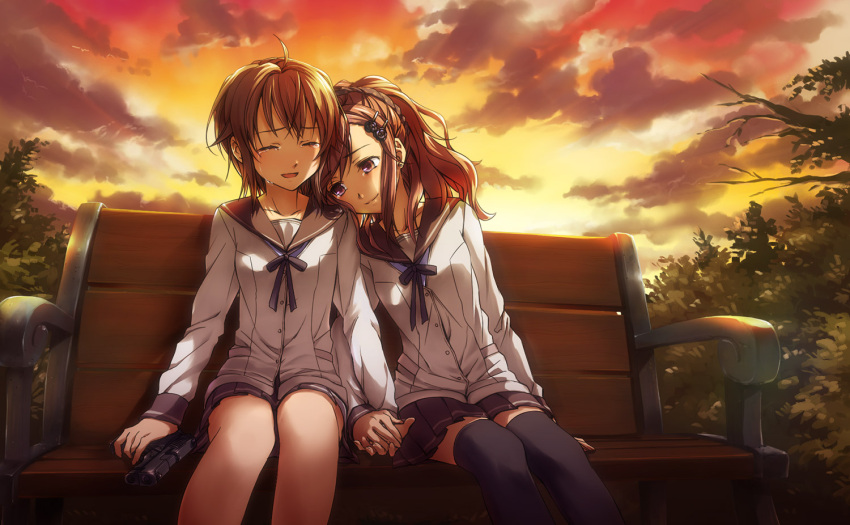 ahoge, aizawa_makoto, bench, brown_hair, collarbone, gun, hair_ornament, hairpin