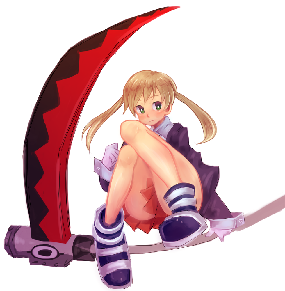 1girl, blonde_hair, boots, colored, gloves, green_eyes, maka_albarn, miniskirt