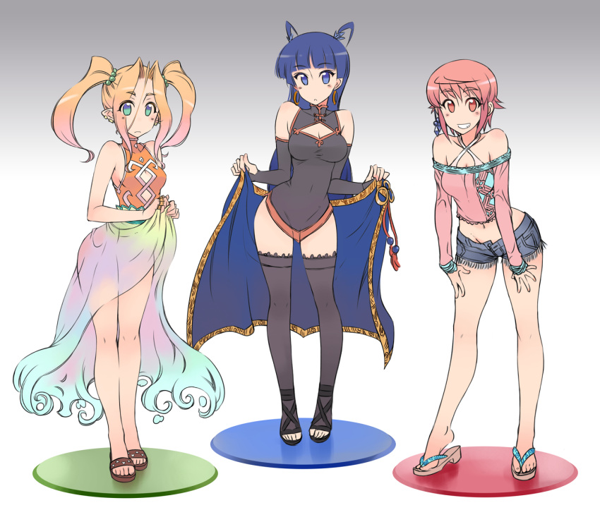3girls, akari_(kagami_no_machi_no_kaguya), antenna_hair, bare_shoulders, black_legwear, blonde_hair, blue_eyes, blue_hair