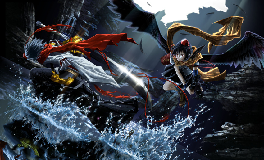 2girls, animal_ears, bag, baraizo, black_hair, black_wings, camera, canyon, feathers, hat, highres, inubashiri_momiji, multiple_girls, red_eyes, scarf, shameimaru_aya, sheath, short_hair, skirt, smile, splashing, sword, tokin_hat, touhou, water, weapon, white_hair, wings, wolf_ears