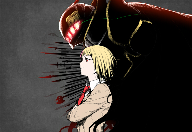 1boy, androgynous, axe, bangs, blonde_hair, blunt_bangs, crossed_arms, erubo