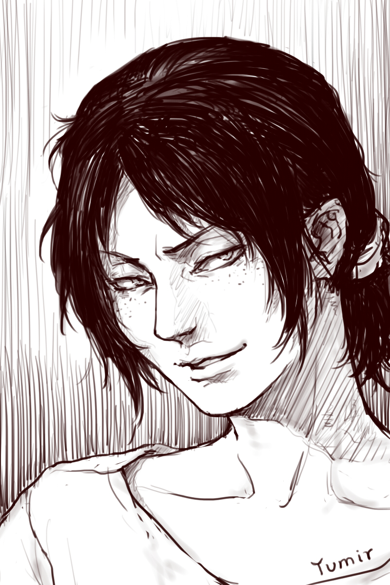 1girl, character_name, flat_gaze, highres, monochrome, parted_lips, ponytail, shingeki_no_kyojin