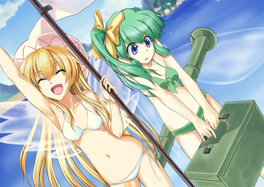 2girls, :d, ^_^, arm_up, bazooka, bikini, blonde_hair, blue_eyes