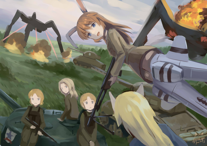 animal_ears, ar18_(upotte!!), artist_name, battle, blonde_hair, blue_eyes, brown_hair, charlotte_e_yeager