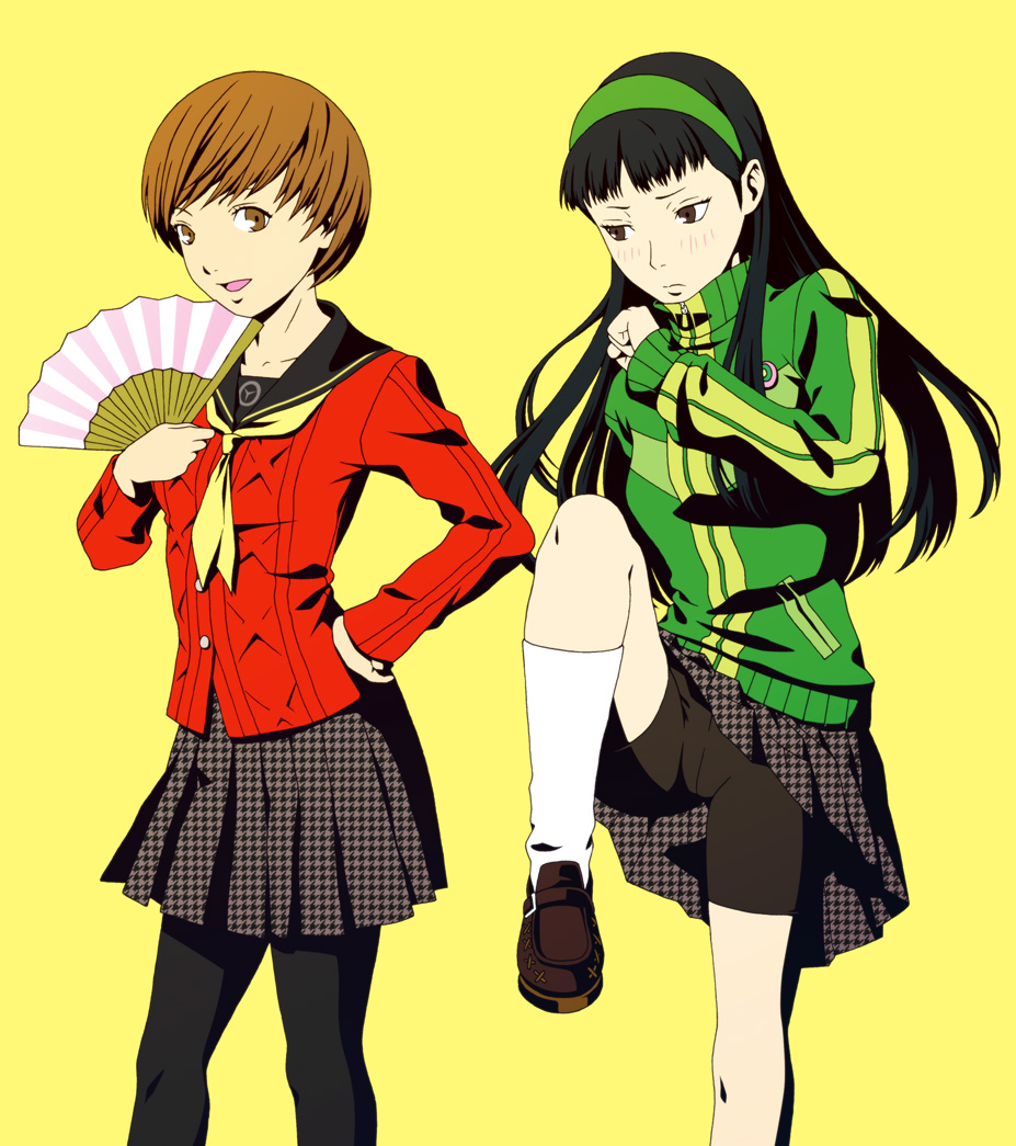 2girls, amagi_yukiko, amagi_yukiko_(cosplay), bike_shorts, black_hair, brown_eyes, brown_hair, cosplay, costume_switch, fan, folding_fan, hairband, hand_on_hip, leg_lift, loafers, long_hair, multiple_girls, open_mouth, pantyhose, persona, persona_4, ranmaru, satonaka_chie, satonaka_chie_(cosplay), school_uniform, serafuku, shoes, short_hair, skirt, smile, sweater, track_jacket