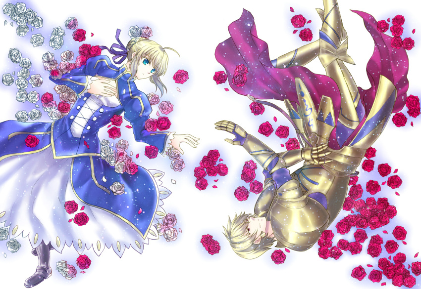 1boy, 1girl, ahoge, armor, blonde_hair, blue_eyes, dress, enisi_sakura