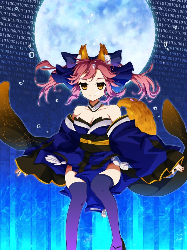 1girl, animal_ears, bare_shoulders, binary, blue_legwear, bow, breasts, caster_(fate/extra)