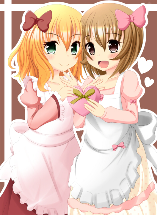 2girls, apron, blonde_hair, blush, bow, collarbone, gift, green_eyes