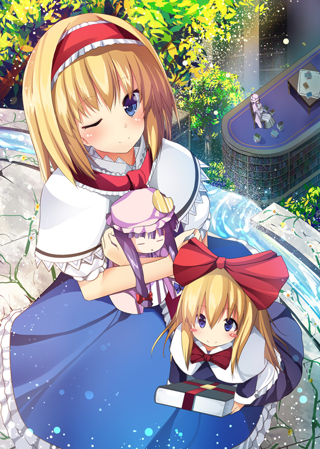 2girls, alice_margatroid, blonde_hair, blue_dress, book, book_stack, bookshelf, capelet, chair, character_doll, dress, hairband, library, lolita_hairband, looking_at_viewer, masa_(miyabitei), multiple_girls, panties, patchouli_knowledge, purple_hair, shanghai_doll, sitting, smile, striped, striped_dress, striped_panties, touhou, underwear, water