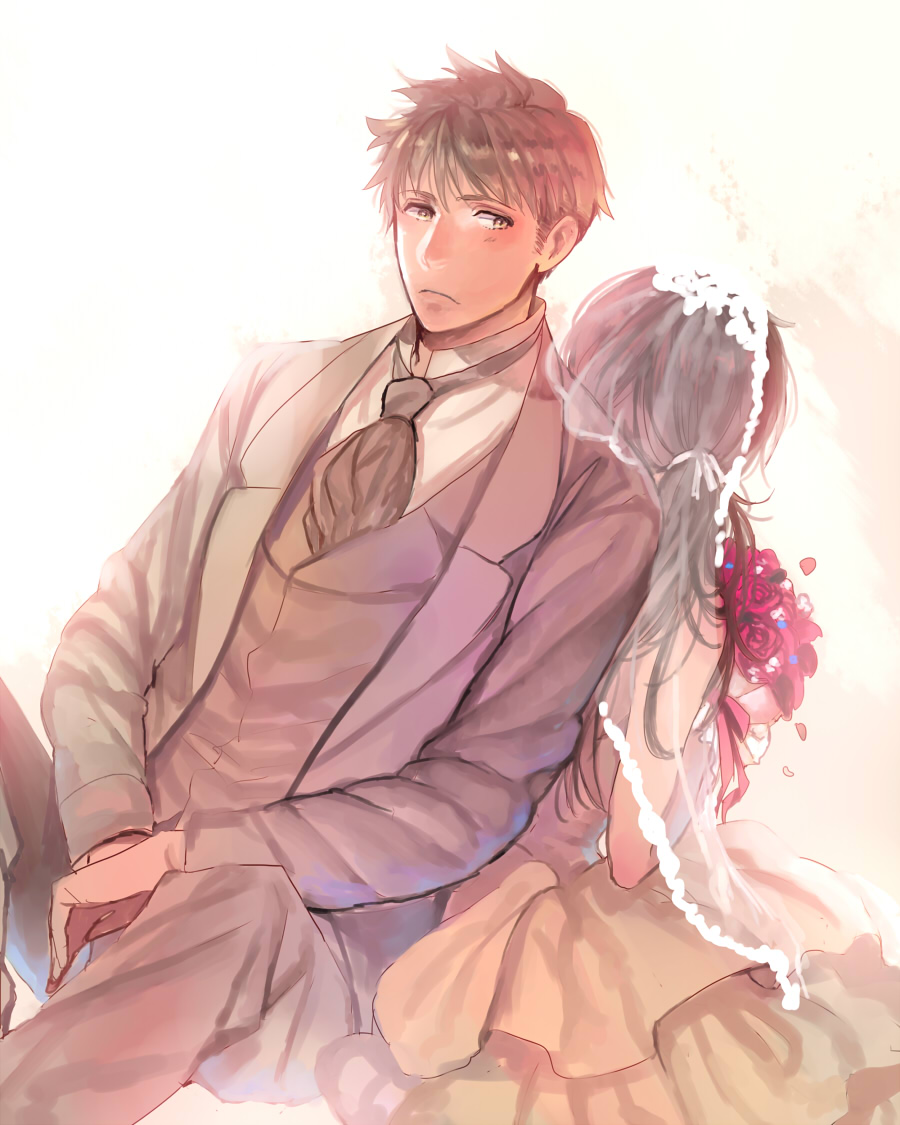1boy, 1girl, back-to-back, bouquet, bridal_veil, brown_eyes, brown_hair, couple, dress, flower, formal, hetero, inseki_tarou, kanagawa_(uchi_no_toko_de_wa), long_hair, personification, shizuoka_(uchi_no_toko_de_wa), short_hair, suit, uchi_no_toko_de_wa, uchi_no_yome_ni_wa, veil, wedding_dress