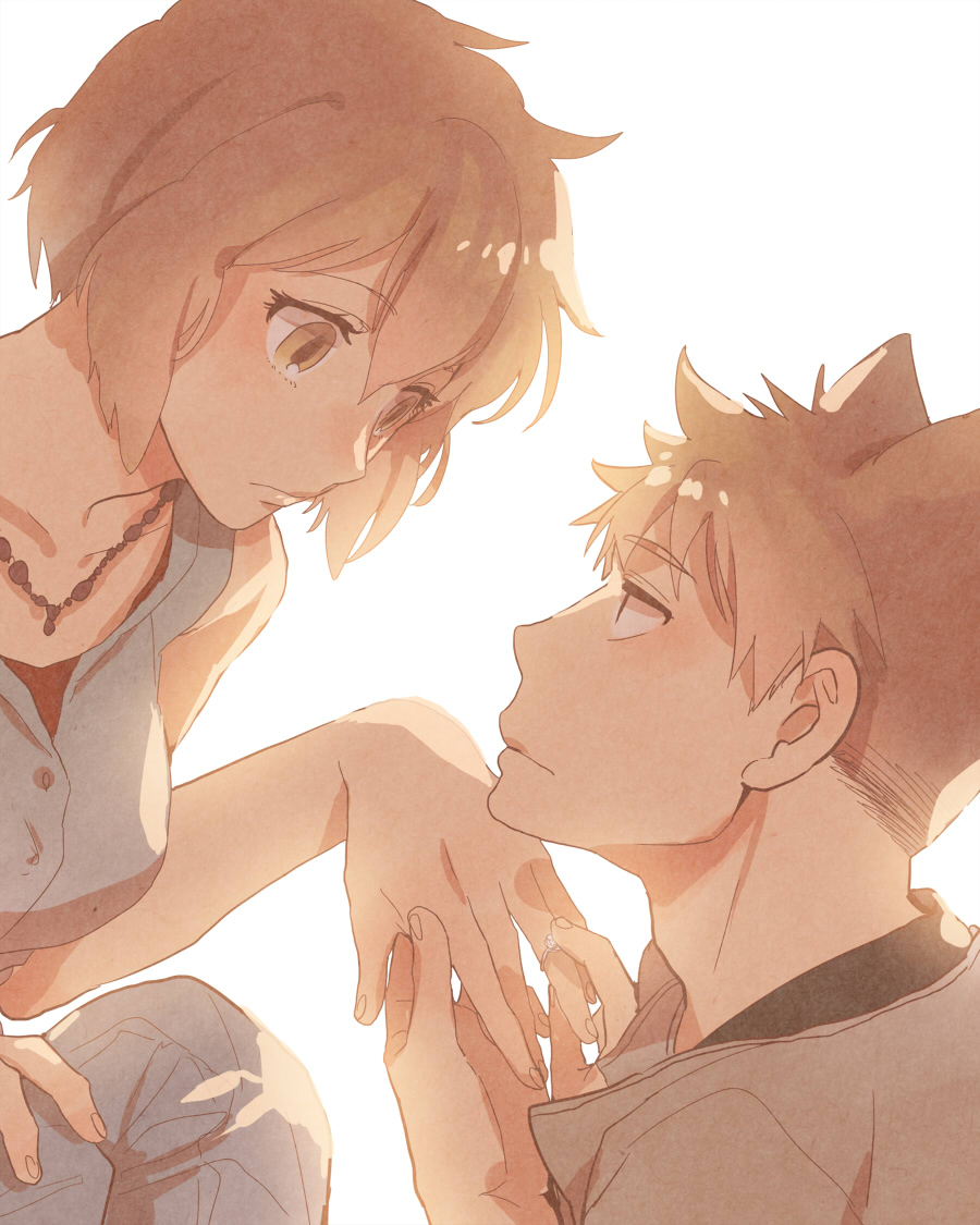 1boy, 1girl, brown_eyes, brown_hair, couple, eye_contact, fukuoka_(uchi_no_toko_de_wa), hetero