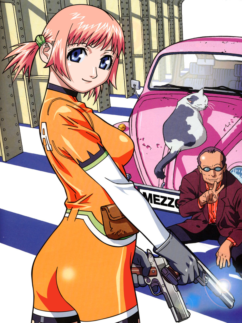 1girl, absurdres, ass, blue_eyes, bodysuit, car, cat, dual_wielding