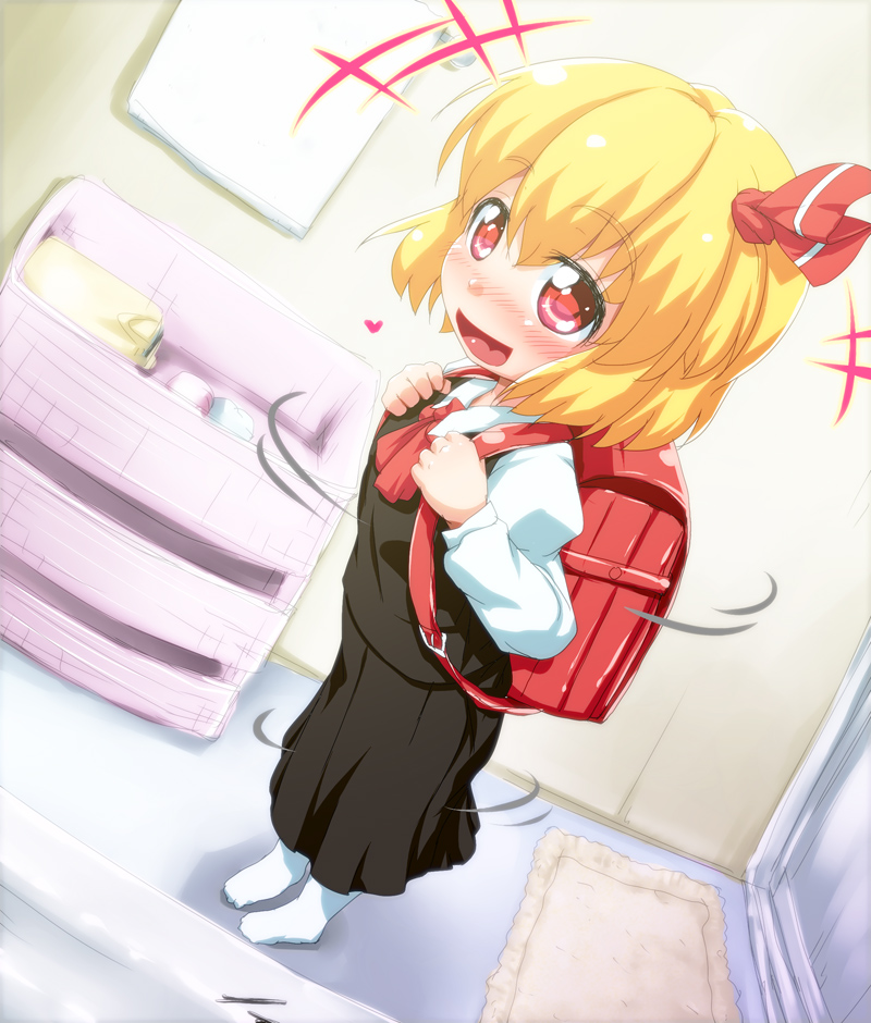 1girl, ascot, backpack, bag, blonde_hair, blush, child, hair_ribbon, heart, long_sleeves, open_mouth, randoseru, red_eyes, ribbon, rumia, shirt, skirt, skirt_set, smile, solo, touhou, vest, waribashi-p