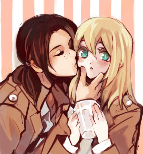 2girls, aqua_eyes, cheek_kiss, chin_grab, christa_renz, closed_eyes, freckles, glass