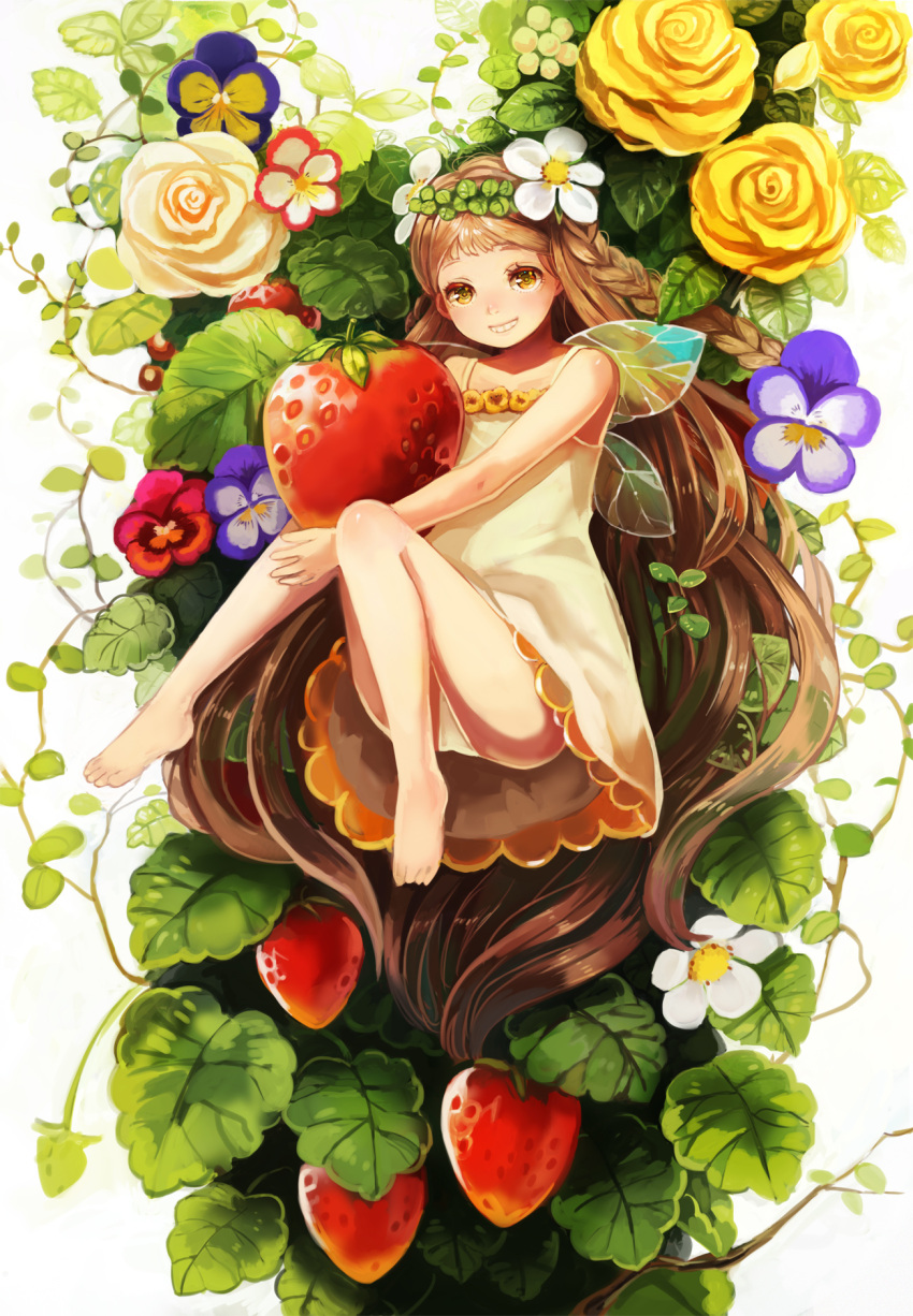 1girl, barefoot, braid, brown_hair, dress, fairy, fairy_wings, flower, hair_flower, hair_ornament, head_wreath, highres, long_hair, morikaku_(umiharu), original, rose, smile, solo, very_long_hair, wings, yellow_eyes