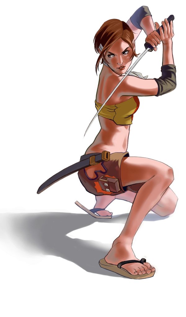 1girl, bare_legs, bikini_top, brown_hair, fighting_stance, flip-flops, hair_ornament, hairclip, katana, neckerchief, no_socks, original, sandals, sheath, shorts, squatting, sword, taho, tied_hair, weapon