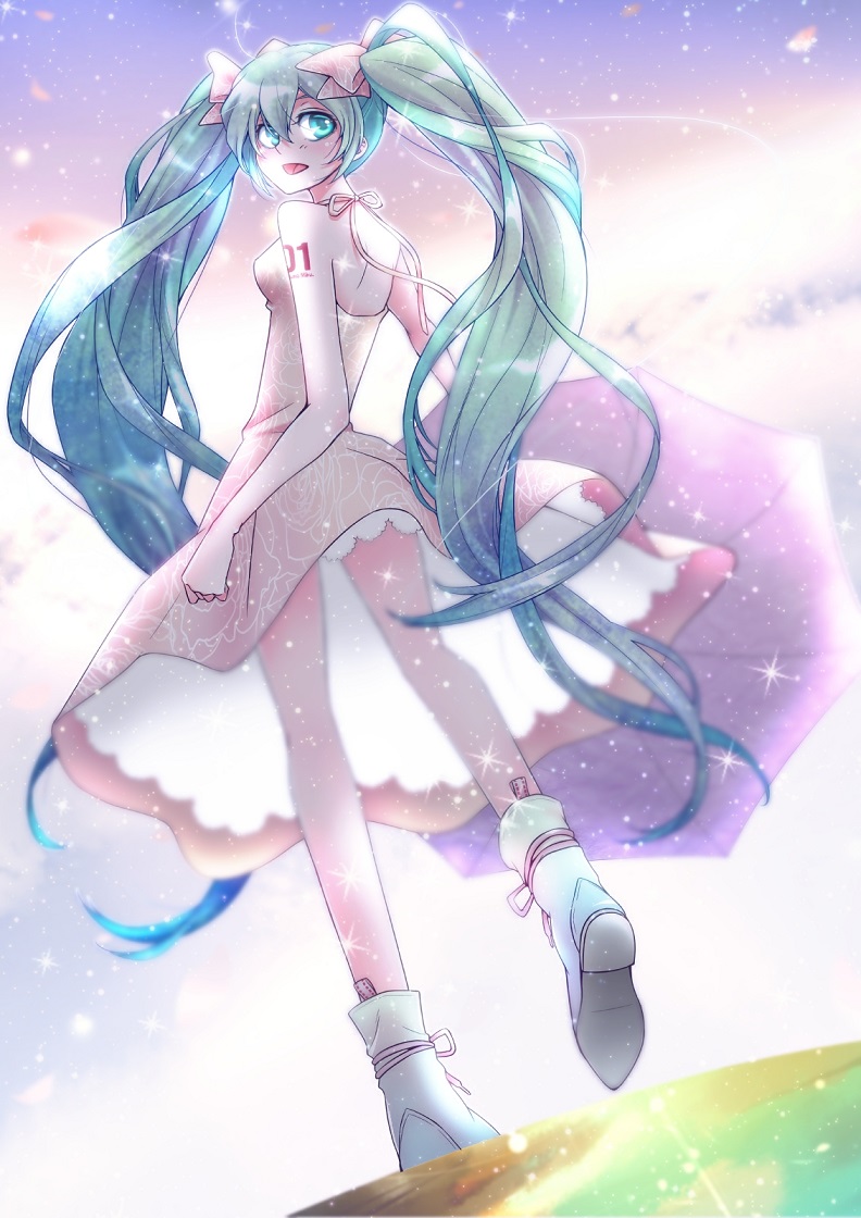 1girl, aqua_eyes, aqua_hair, bow, dress, hair_bow, hatsune_miku, long_hair