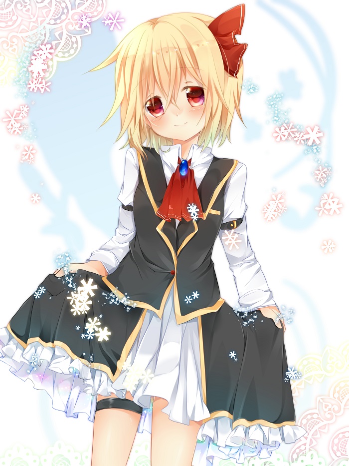 1girl, blonde_hair, blush, brooch, hair_ribbon, jewelry, kazeshiro_kazeto, red_eyes
