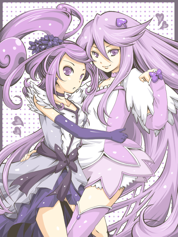 2girls, arm_warmers, bow, choker, color_connection, cosplay, costume_switch, cure_moonlight