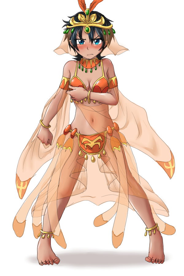 1girl, anklet, armlet, barefoot, bikini_top, black_hair, blush, bracelet