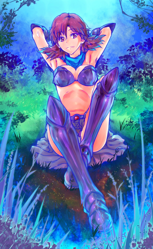 1girl, armor, arms_behind_head, bikini_armor, boots, breasts, cleavage, kirishima_reiko