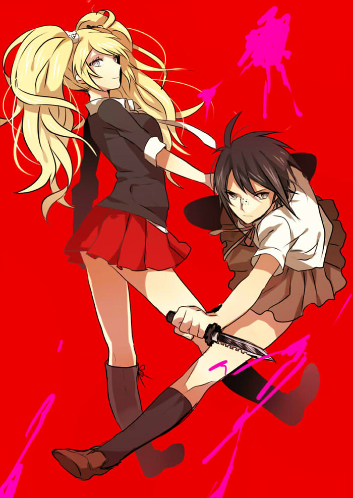 2girls, black_hair, blonde_hair, blue_eyes, dangan_ronpa, enoshima_junko, freckles, hair_ornament, ikusaba_mukuro, knife, kurozatou_owata, long_hair, multiple_girls, necktie, school_uniform, short_hair, siblings, skirt, sleeves_rolled_up, smile, spoilers, twintails