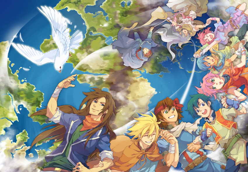 3girls, 6+boys, akai_shizuku, avin, bird, blonde_hair, blue_eyes, blue_hair