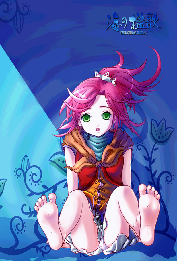 1girl, barefoot, blue_background, copyright_name, eiyuu_densetsu, falcom, green_eyes, panties, pantyshot, pantyshot_(sitting), pink_hair, ponytail, short_hair, sitting, skirt, solo, umi_no_oriuta, una_(eiyuu_densetsu), underwear, white_panties, ysrandy