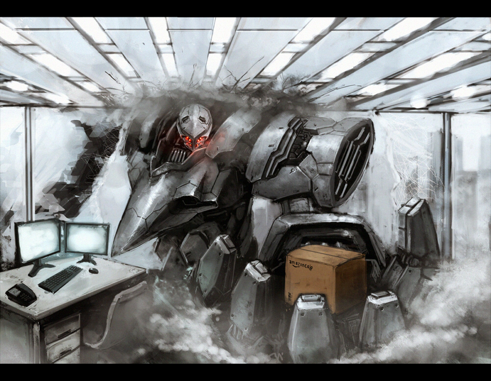 amazon_(copyright), armored_core, box, cardboard_box, computer, foreshortening, letterboxed, mecha