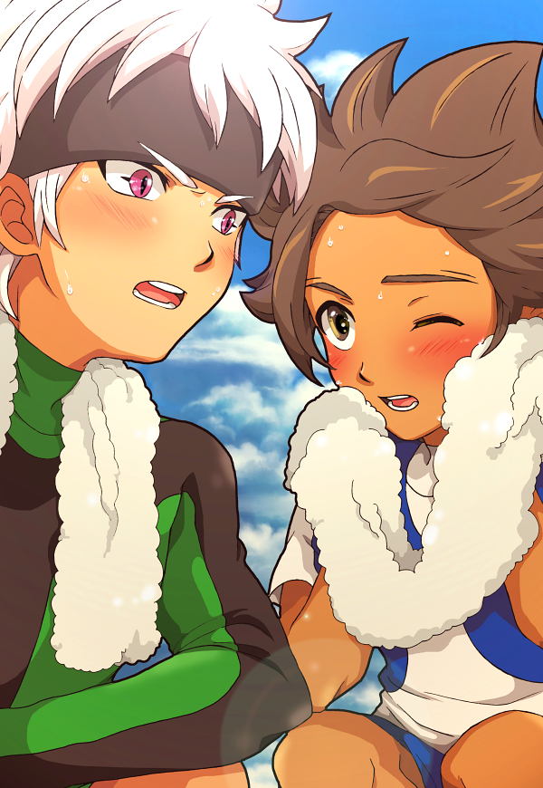 2boys, blush, bou_erika, brown_eyes, brown_hair, clouds, goalkeeper, headband