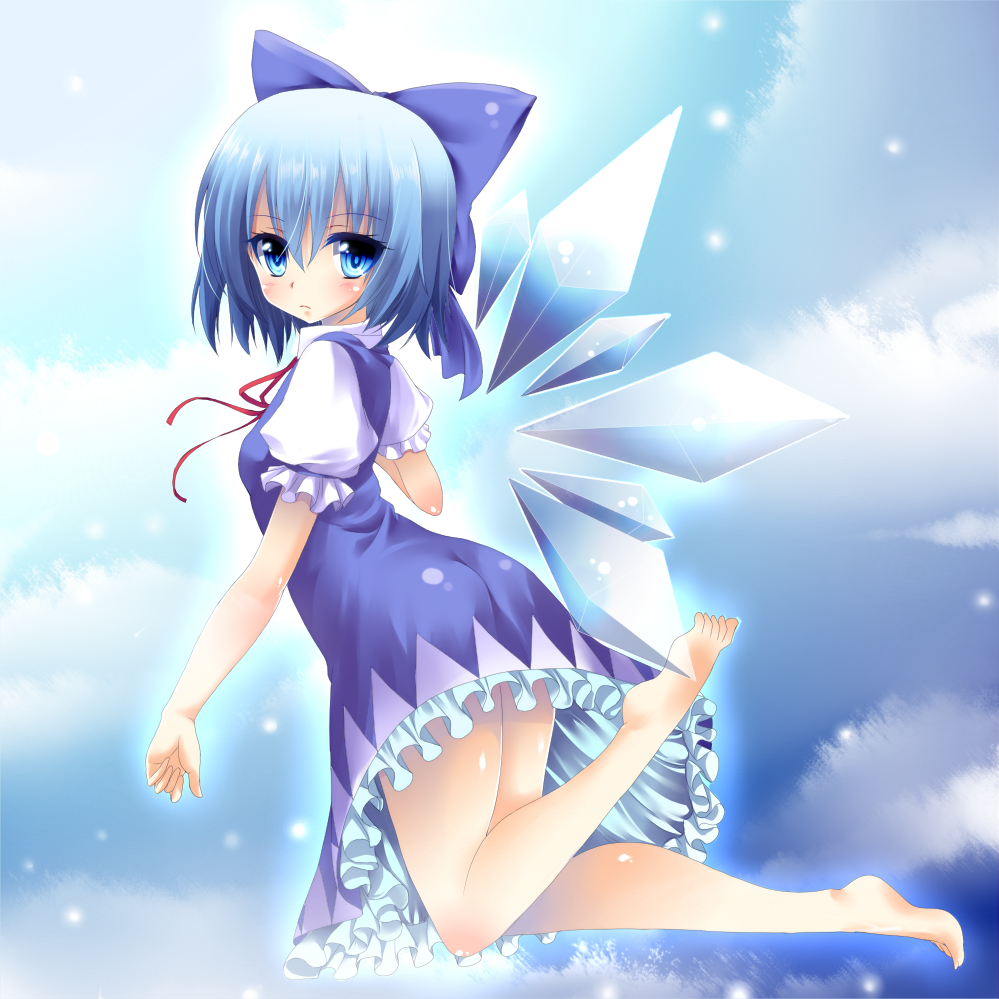 1girl, bare_legs, barefoot, blue_eyes, blue_hair, blue_sky, blush, bow