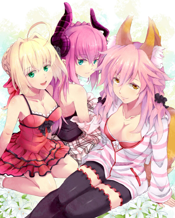 ahoge, animal_ears, blonde_hair, blue_eyes, breasts, caster_(fate/extra), cleavage, dress