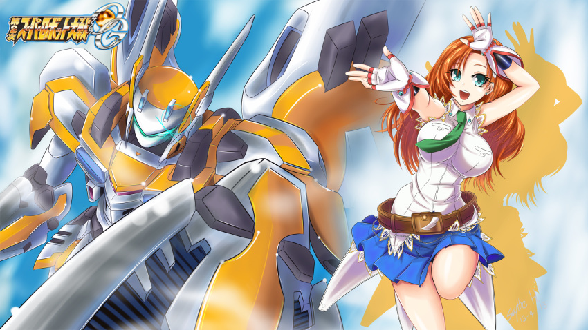 absurdres, aqua_eyes, bare_shoulders, belt, blue_skirt, breasts, cliana_rimskaya, clouds, donmalo, earrings, feathers, fingerless_gloves, frills, gloves, hair_ornament, hairclip, highres, jewelry, long_hair, mecha, miniskirt, necktie, open_mouth, orange_hair, shirt, skirt, sky, sleeveless, sleeveless_shirt, super_robot_wars, super_robot_wars_destiny, super_robot_wars_original_generation, text, the_2nd_super_robot_wars_og, white_shirt