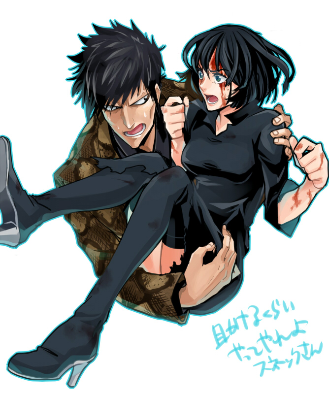 1boy, 1girl, black_dress, black_hair, blood, blue_eyes, carrying, dress